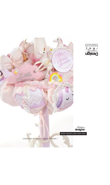 Lumanare de botez roz pentru fetite cu unicorni, 65x4cm, Baby Unicorn 7